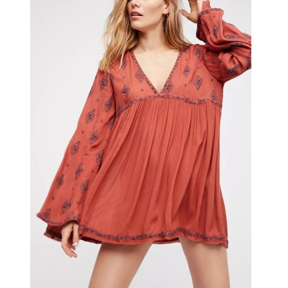 Free People Tunic Womens S Red Embroidered Babydoll V Neck Boho NWT Flawed